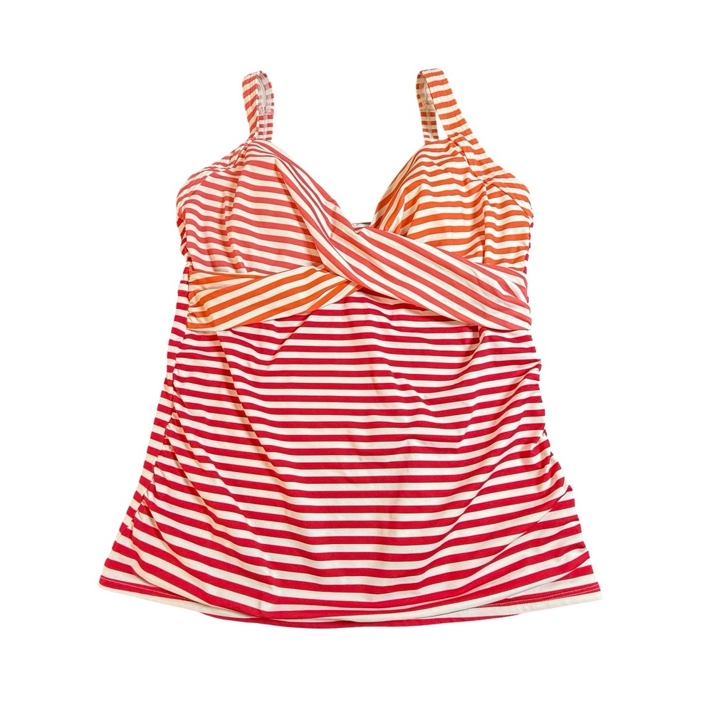 Lands End Red Orange Pink Striped Twist Front Tankini Swim Top 14D 522744